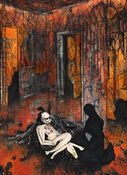 Prompt: two dark figures laughing inside a decayed Romanian motel room, Neo-Gothic, gothic, rich deep colors. intricate artwork in the style of Francis bacon and James jean, part by Gerhard Richter, part Petra cortright, highly detailed, very coherent, horror, rich colours