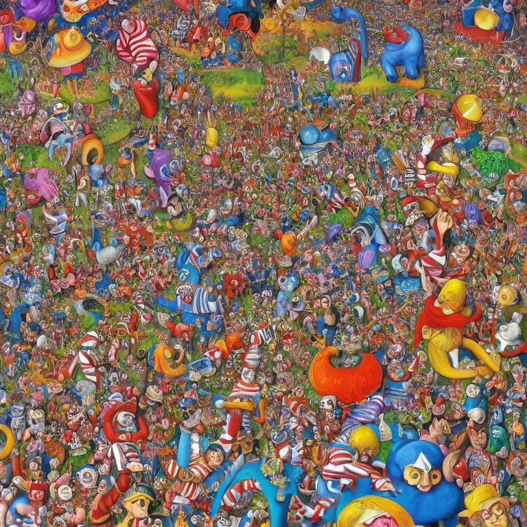 Prompt: an incredibly detailed masterpiece painting of a Where's Waldo puzzle by bosch and lisa frank, ornate, beautiful, bold colors, detailed, high resolution, wow!, realistic, photorealism, intricate