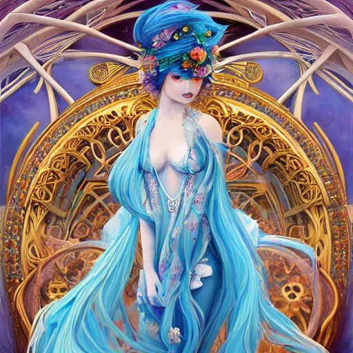 Image similar to breathtaking detailed painting by pilyeon and teffish on artstation, a full shot queen with long flowing bright blue hair, gauze dress and pastel flowers petals and golden tumultuous clouds, symmetrical facial features, at dawn in front of a pristine golden art nouveau cathedral, elegant, highly detailed, artstation, concept art, matte, sharp focus,