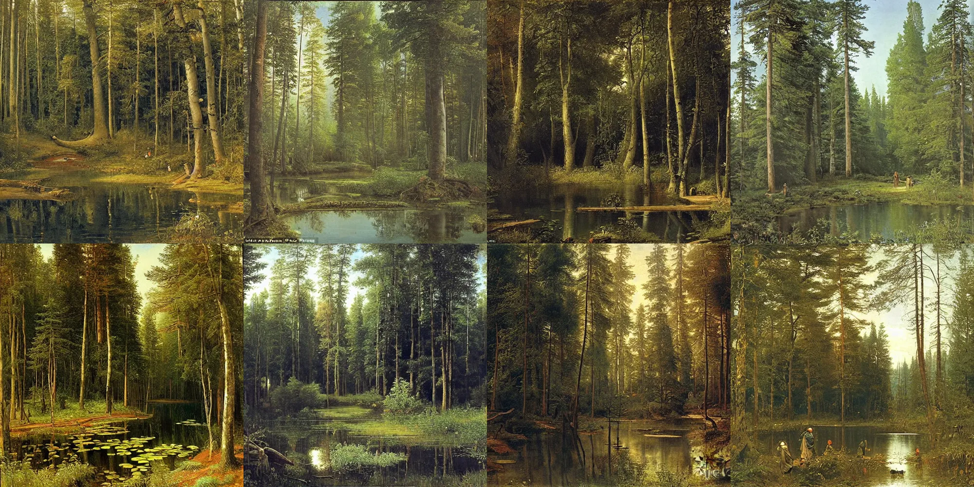 Prompt: The Wood between the Worlds, a pond-filled forest where each pond is a portal leading to a different world, painting by Ivan Shishkin
