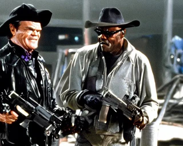 Prompt: Jack Nicholson and Samuel L. Jackson are Terminators action scene