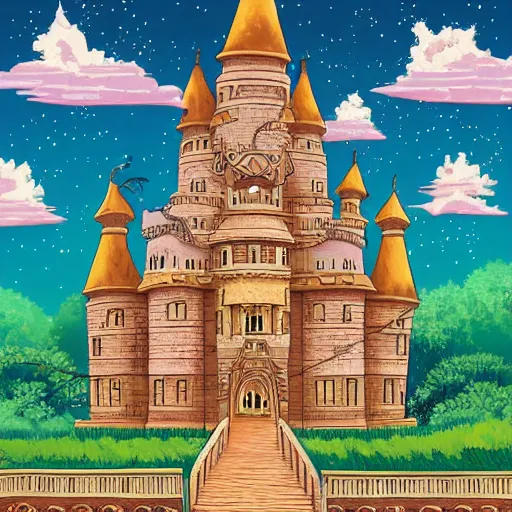 Image similar to intricate illustration, african style castle, ghibli colorful, cinematic composition