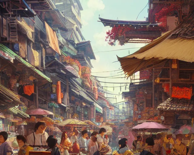 Image similar to street-level view of a bustling marketplace in a great, colorful kitsune city, bamboo, flowers, anime, fox people, a fantasy digital painting by Greg Rutkowski and James Gurney, trending on Artstation, highly detailed