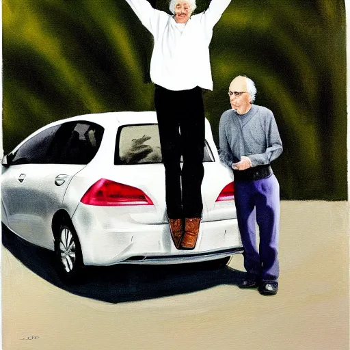 Image similar to larry david standing on top of prius, painting