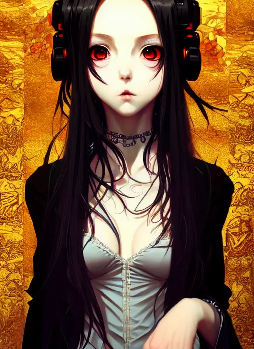 Image similar to portrait of beautiful young gothic anime maiden, cute-fine-face, pretty face, realistic shaded Perfect face, fine details. Anime, cyberpunk, Warhammer, highly detailed, artstation, illustration, art by Ilya Kuvshinov and Gustav Klimt