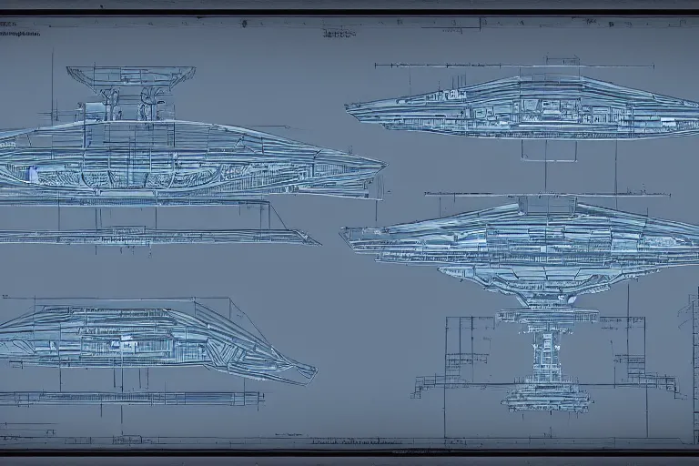 Prompt: alien spaceship blueprint schematics