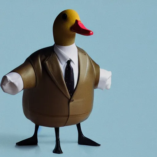 Prompt: a high detail photo of an antropomorphic duck wearing a suit, subject= duck, subject detail: wearing a suit, photorealism