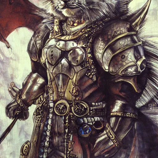 Prompt: Yoshitaka Amano painting of upper body of a young cool looking lynx beast-man with white mane at a medieval market at windy day. Depth of field. He is wearing complex fantasy armors. Renaissance style lighting.