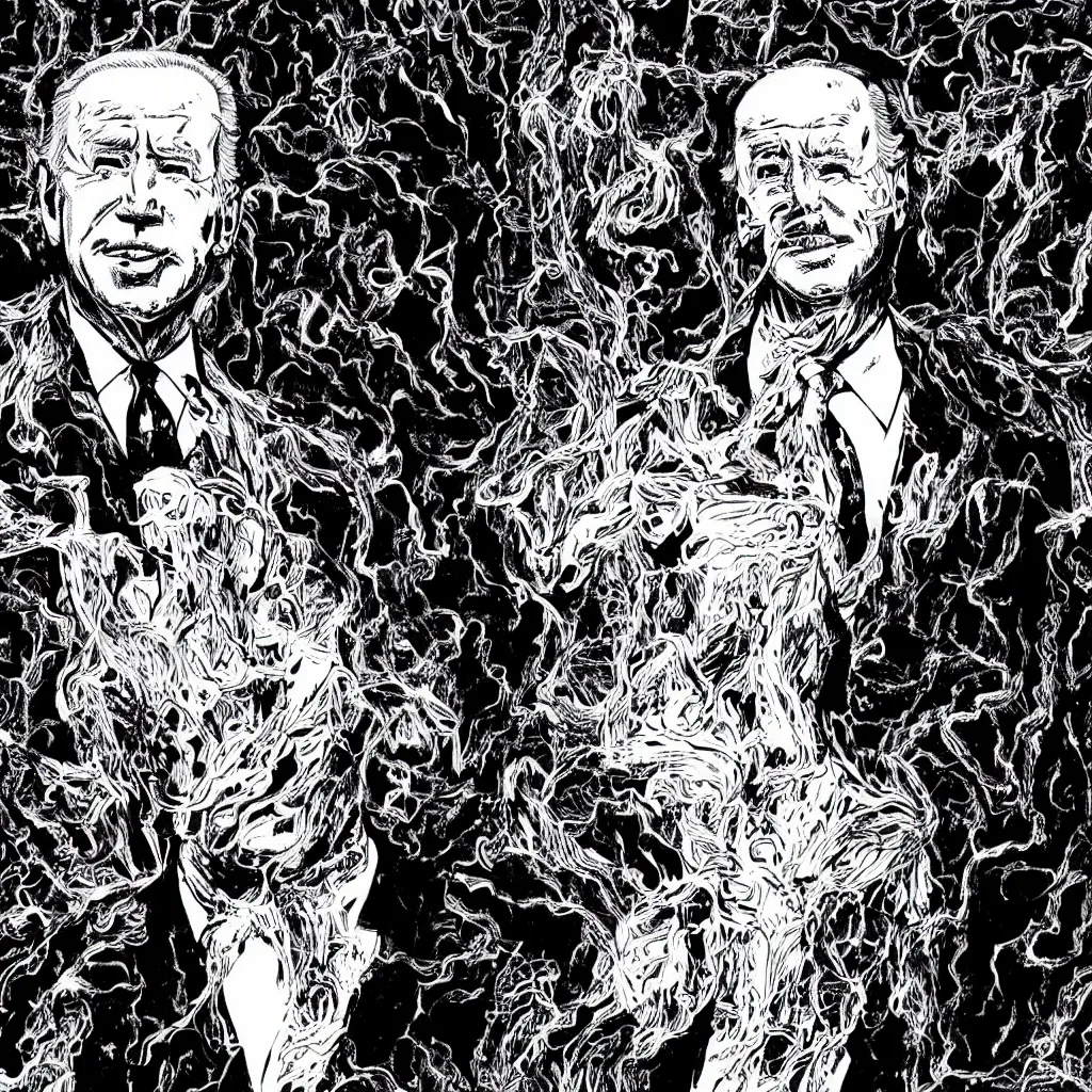 Prompt: Joe Biden full body portrait, body horror, black and white Illustration by Junji Ito