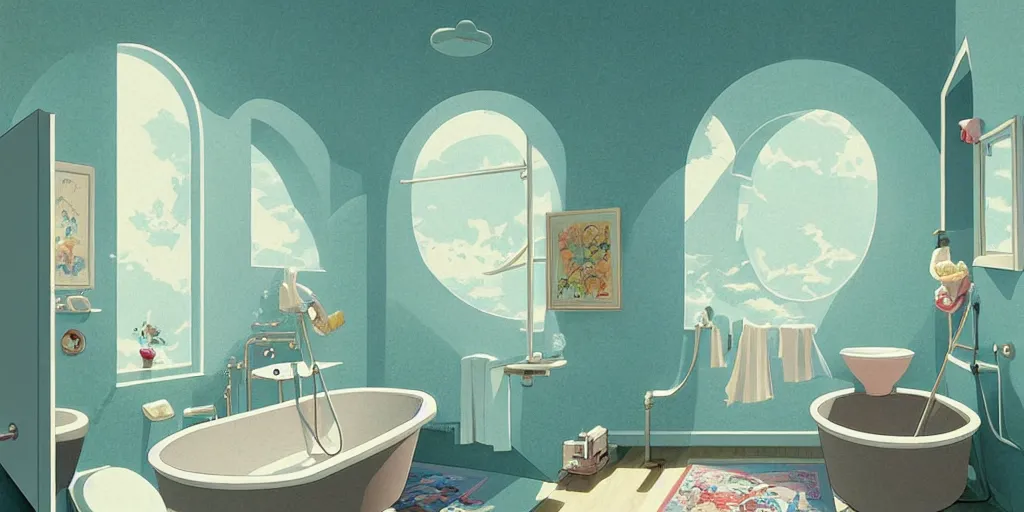 Prompt: a modern bathroom, natural lighting, playful color scheme, intricate details, matte painting, illustration, by hayao miyazaki