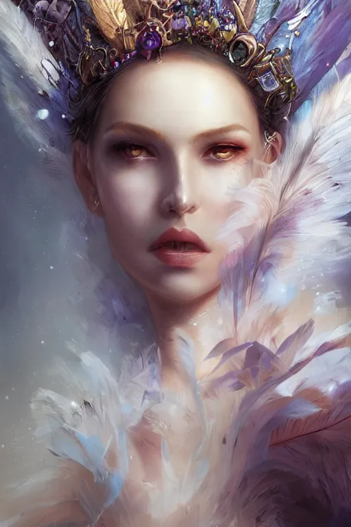 Image similar to face closeup of a beautiful model wearing feather mask, casting magic spell holding diamonds, angel, fantasy, dramatic lighting, highly detailed, digital painting, holding electricity, magic the gathering, hyper detailed, 3 d render, hyper realistic detailed portrait, peter mohrbacher, wlop, ruan jia
