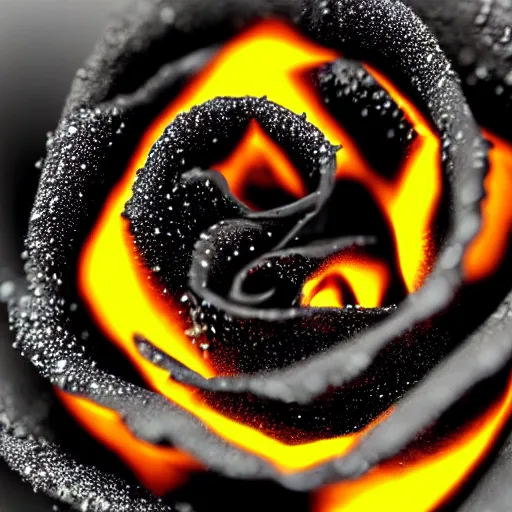 Image similar to award - winning macro of a beautiful black rose made of glowing molten magma