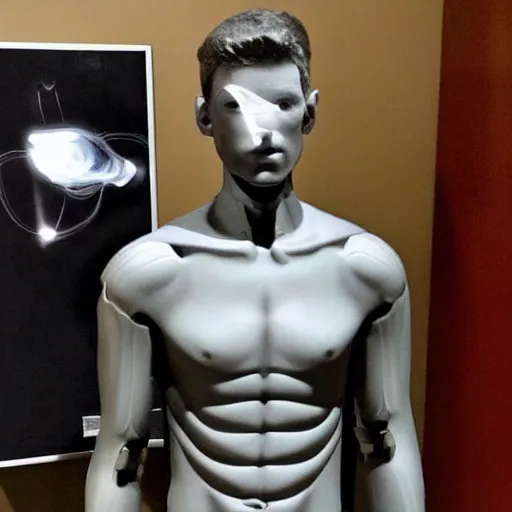 Image similar to “a realistic detailed photo of a guy who is an attractive humanoid who is half robot and half humanoid, who is a male android, Coach Shawn Flaherty, shiny skin, posing like a statue, blank stare, different eye colors, on display, sparks coming out from his body”