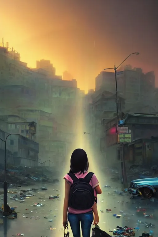 Prompt: beauty teenage girl in short with backpack looking at food at garbage dump, destroyed cars, city is pure wasteland, moody sunset background, rays of sunlights, ( ( ( rainy day, rainbow ) ) ), high details, sharp, photorealism, cinematic, greg rutkowski, alphonse mucha, trending on artstation, artgerm, unreal engine, highly detailed