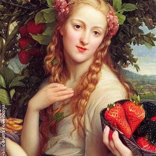 Image similar to A beautiful Blonde Woman with lushes Locks selling strawberries in the style of Sophie Anderson, Portrait