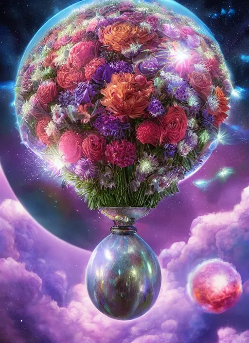 Image similar to An epic fantastic realism comic book style painting of the most beautiful flowers launched into space, perfect shiny silver iridescent spheres, bouquets, fisheye lens, unreal 5, DAZ, hyperrealistic, octane render, dynamic lighting