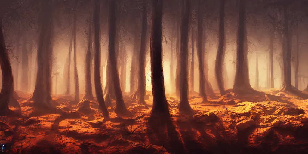 Prompt: A forest on Mars, cinematic lighting, detailed oil painting, hyperrealistic, 8k