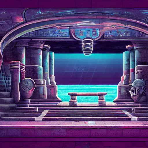 Image similar to ancient atlantis, retrowave epic art, trending on art station