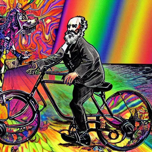 Image similar to karl marx riding albert hoffman's bike, psychedelic art, detailed