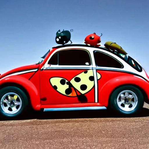 Prompt: a hybrid lady bug and'herbie the love bug'race car. it's a nice night at the drive - in diner. imax, 7 0 mm, movie still