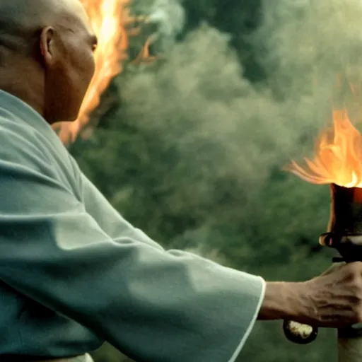 Image similar to cinematic film still of Steve Harvey starring as a Japanese Sensei with fire, Japanese CGI, VFX, 2003, 40mm lens, shallow depth of field, film photography