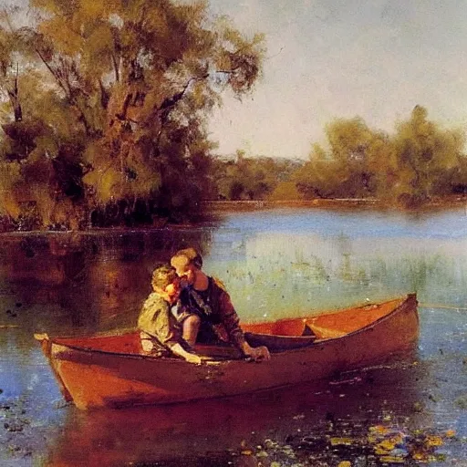 Prompt: painting of dad and son thinking together in boot on a calm lake, by pino daeni