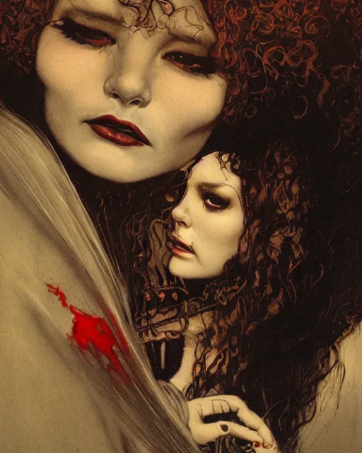 Image similar to two handsome but sinister, creepy young women in layers of fear, with haunted eyes and wild hair, 1 9 7 0 s, seventies, wallpaper, a little blood, moonlight showing injuries, delicate embellishments, painterly, offset printing technique, by john howe, brom, robert henri, walter popp