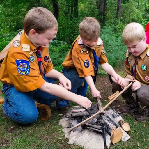 Prompt: puppies that are Boy Scouts building a campfire