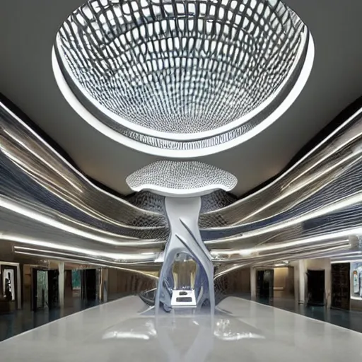 Image similar to extremely detailed ornate stunning beautiful elegant futuristic museum lobby interior by Zaha Hadid