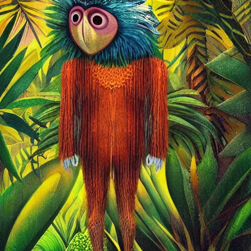 Image similar to mystical folk birdhuman character on a tropical forest, realistic proportions, glitch art, poster art, in the style of henri rousseau and pablo amaringo