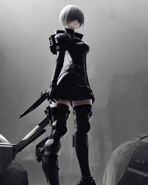 Prompt: yorha no. 2 type b as a overwatch character, medium shot, asymmetrical, profile picture, hyper realism, cinematic, volumetric lighting, epic composition, high detail, octane render, unreal engine, 8 k, concept art, 3 d render, digital art, deviantart artstation, ray tracing, apocalyptic, intricate complexity, extremely detailed, very sharp,