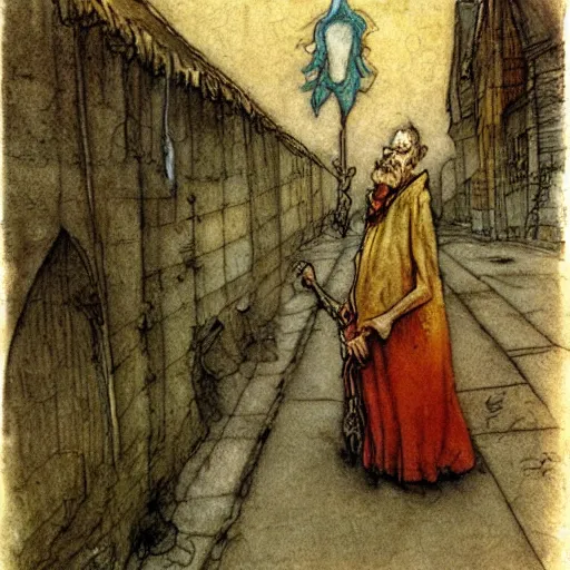 Image similar to dilapidated man begging with ragged mutt on streetcorner. illustration by Brian Froud and John Bauer