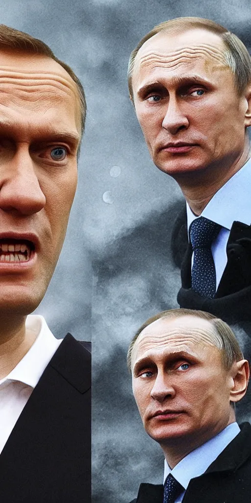 Prompt: alexei navalny with vladimir putin together, dark gloomy church, midnight, moon, horror, thunder sky, rain, sadness, depression, fog, darkness, spider-man