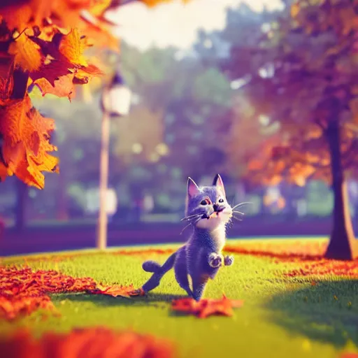 Image similar to cute adorable happy cat playing in the park in autumn, pixar style, disney style, tilt shift, octane render, cgsociety