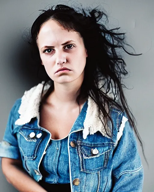 Prompt: photo of a woman by Annie Leibovitz, punk, jean jacket, Halter-top, face, cute, shaded lighting, beautiful, plaid