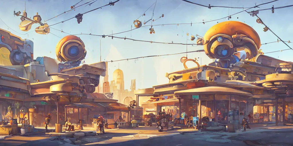 Image similar to overwatch building, stylized, exterior, architecture, in watercolor gouache detailed paintings, insanely detail, artstation, 8 k, futuristic, big medium small, arcane, simon stalenhag, food stall, interesting shapes & form, golden ratio, megastructures, vitaly bulgarov, mall, junkyard