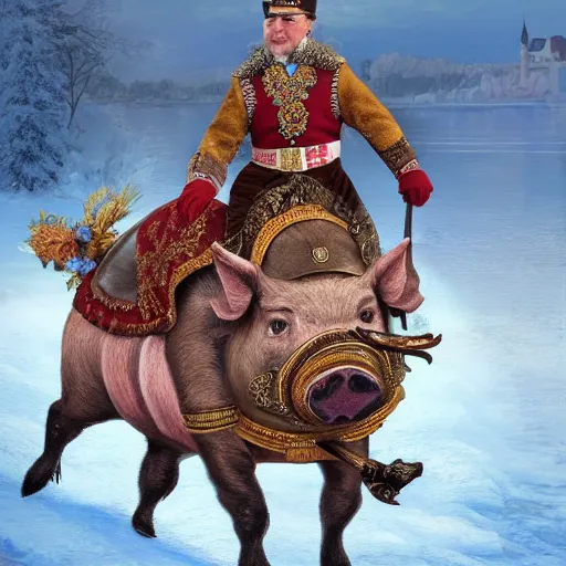 Image similar to an extremely realistic portrait depicting hungarian king viktor orban dressed in royal national costume, riding a pig on the frozen danube, detailed, intricate, elegant, highly detailed, digital painting, artstation, concept art, smooth, sharp focus, illustration,