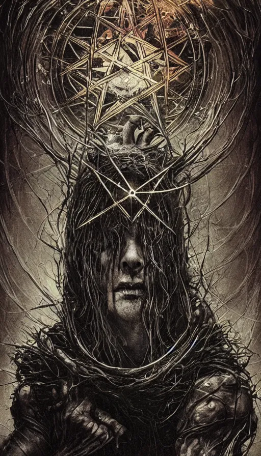 Prompt: Elden Ring, pentagram prayer chaos prophet portrait themed tarot card, the dark post-apocalyptic vampire intricate artwork by Artgerm, Johnatan Wayshak, Zdizslaw Beksinski, Darius Zawadzki, H.R. Giger, Takato Yamamoto, masterpiece, very coherent artwork, cinematic, high detail, octane render, unreal engine, 8k, High contrast, golden ratio, trending on cgsociety, ultra high quality model, production quality cinema model in the style of Midjourney, highly detailed and intricate artwork, masterpiece, majestic, ephemeral, cinematic lighting, vivid and vibrant colors, iconic movie poster character production art concept, haunting, horror, gothic fog ambience, crimson fire palette, Artstation trending, unreal engine, octane render