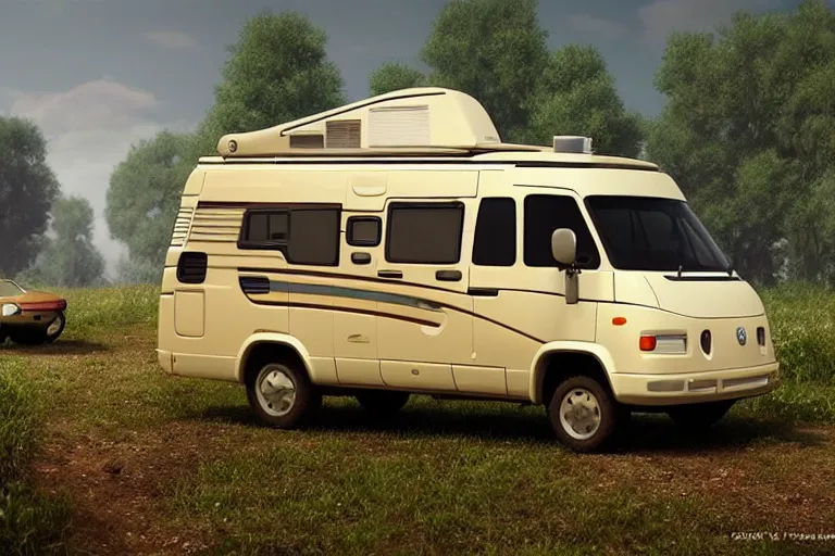 Image similar to a wholesome animation key shot of!! one!! focused! 1 9 9 4 fiat hymer motorhome! in the romanian countryside, medium shot, studio ghibli, ( ( pixar ) ) and disney animation, sharp, very detailed, high resolution, rendered in unreal engine 5, anime key art by greg rutkowski, bloom, dramatic lighting