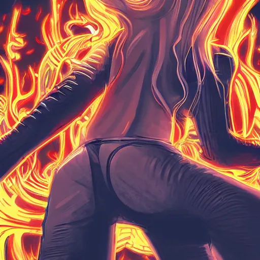 Prompt: young blonde with long hair woman from behind with flames coming out of hands flying in a cyberpunk city, very detailed, realistic, symmetrical face, art by invincible,