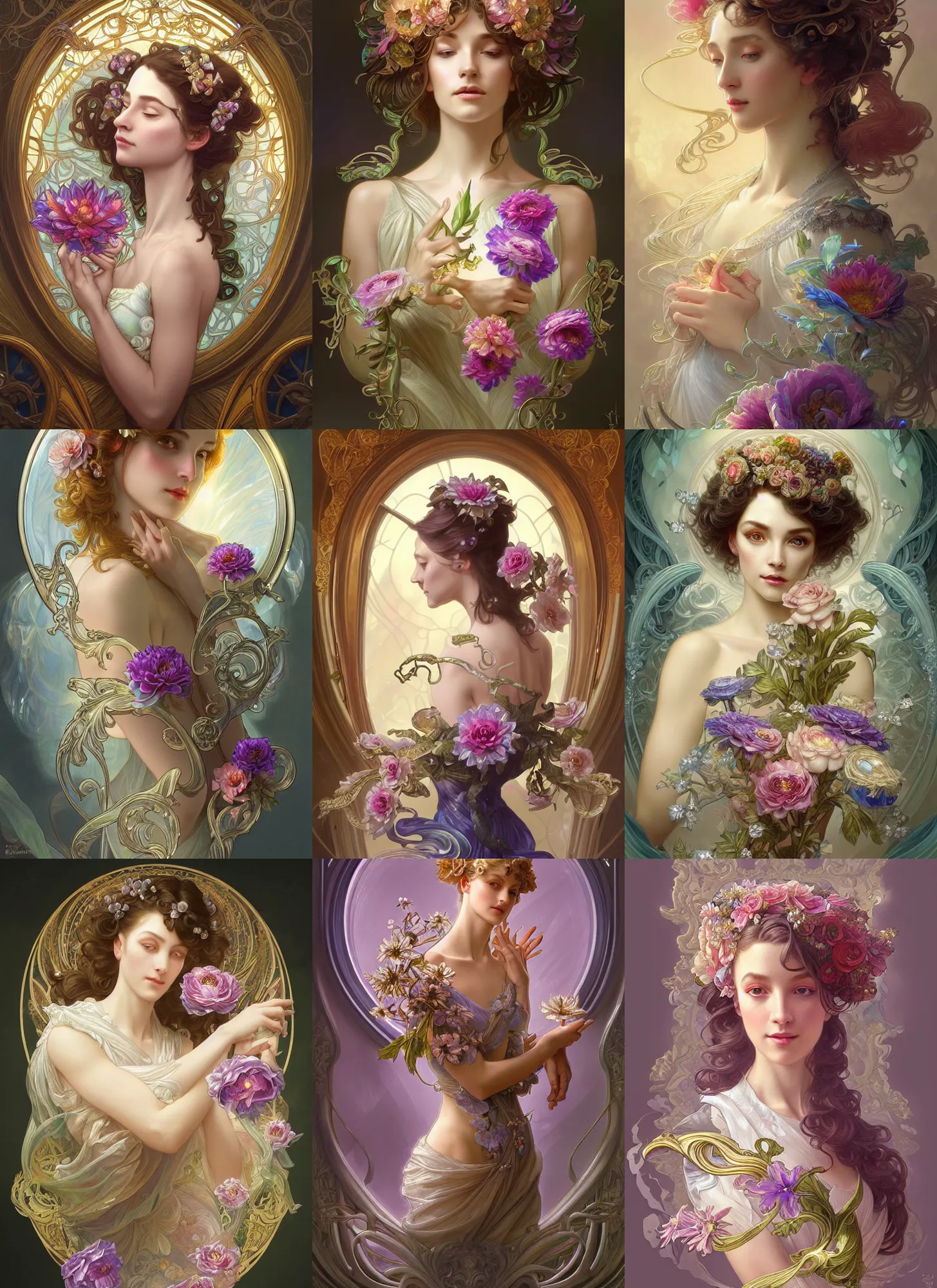 Prompt: rococo and art nouveau fusion, iridescent diaphanous refractive and reflective flower bouquet, fantasy, intricate, elegant, highly detailed, digital painting, artstation, concept art, matte, sharp focus, illustration, hearthstone, art by artgerm and greg rutkowski and alphonse mucha