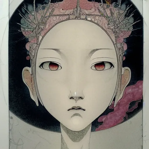 Image similar to prompt: Fragile looking vessel portrait face drawn by Katsuhiro Otomo, inspired by Carlo Dolci, magical and alchemical objects on the side, soft light, white background, intricate detail, intricate ink painting detail, sharp high detail, manga and anime 2000