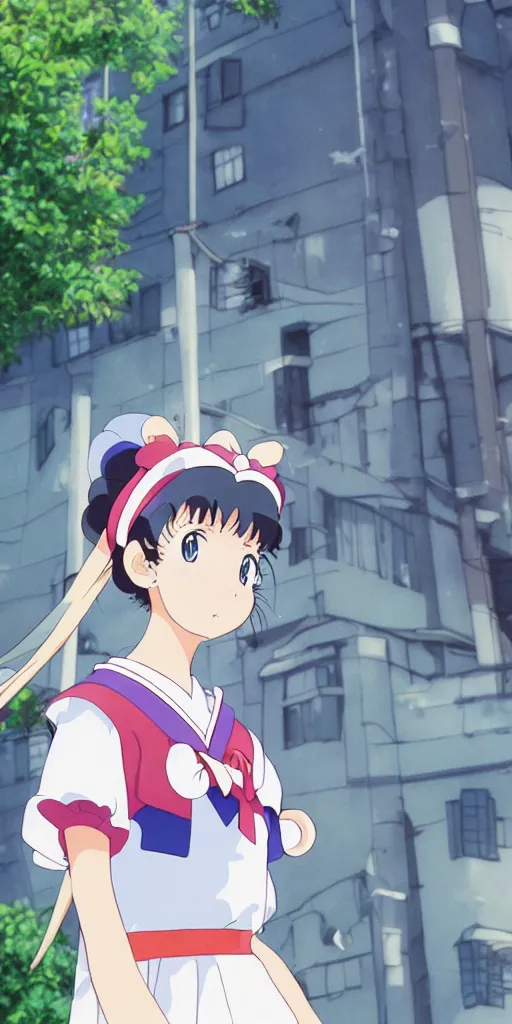 Prompt: “anime fine details portrait of joyful school girl Sailor Moon in front of Russian panel house on the background, grey color scheme, deep bokeh, close-up, anime masterpiece by Studio Ghibli. 8k, sharp high quality classic anime from 2000 in style of Hayao Miyazaki”