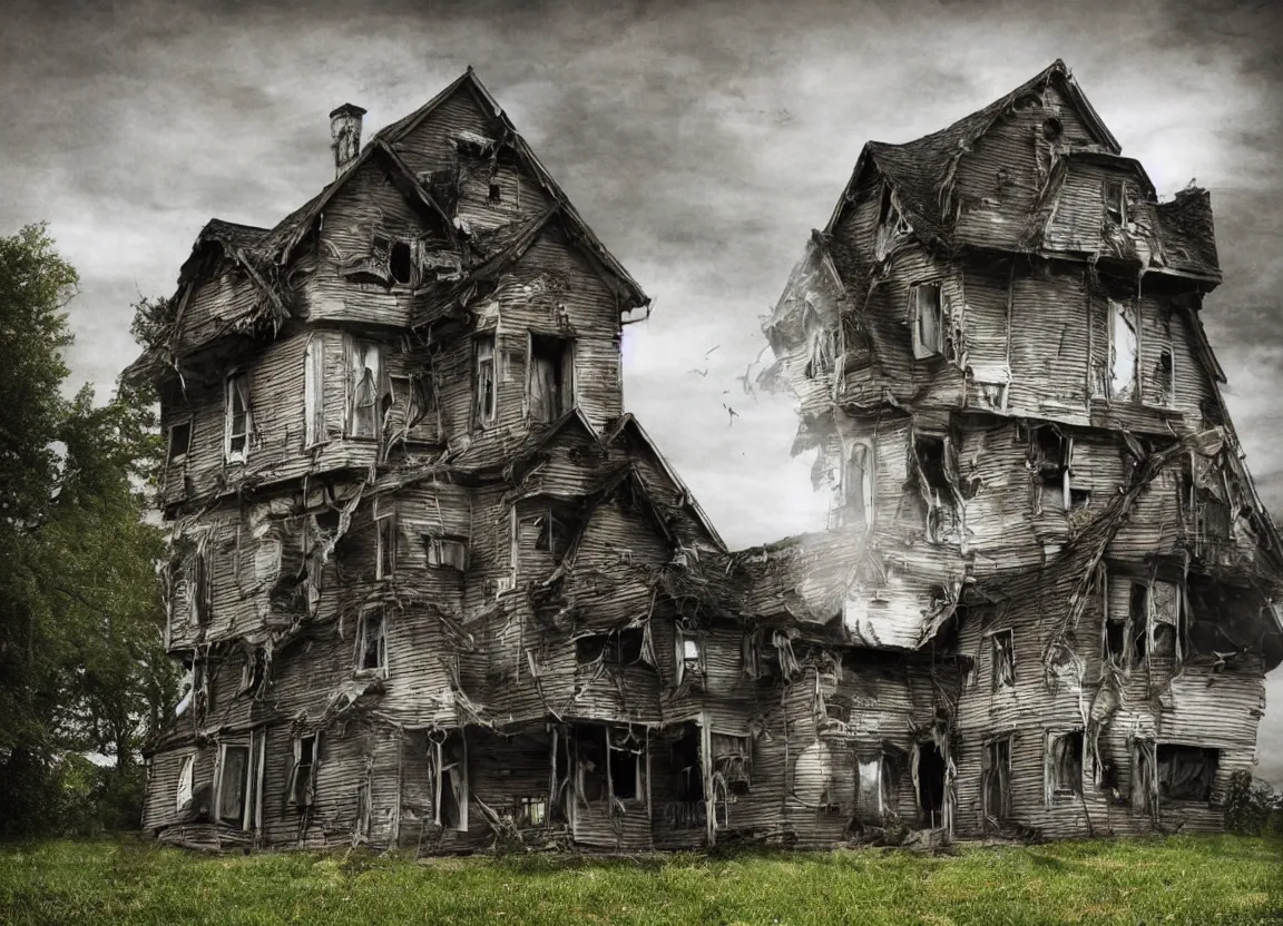 Image similar to realistic photograph of a creepy house with a poltergeist