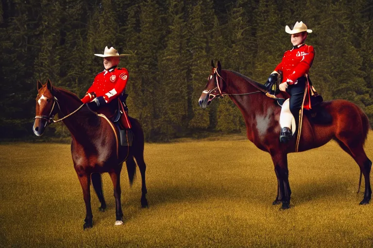 Prompt: A Canadian goose in a mountie outfit riding a horse, National Geographic, photo, cinematic, 8k