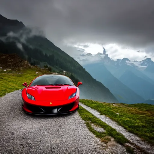 Prompt: a ferrari on a cloudy day in the swiss alps