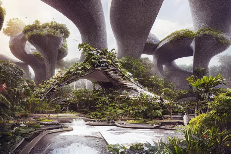 Image similar to brutalist futuristic white Aztec structures, manicured garden of eden, pools and streams, tropical foliage, birds, sculpture gardens, Winter, by Jessica Rossier and Brian Froud