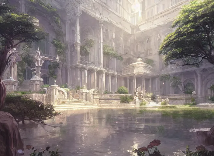 Image similar to A college academy in a beautiful elven city made of white marble, anime, lush trees, fountain, a fantasy digital painting by Greg Rutkowski and James Gurney, trending on Artstation, highly detailed