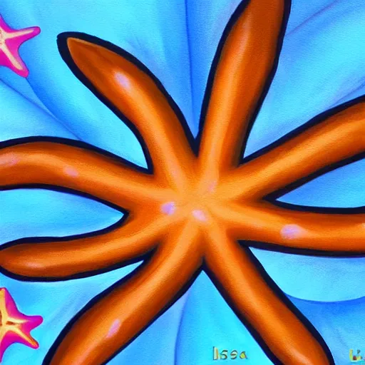 Image similar to a painting of a giant brown starfish with the words c and starfish in big letters. children in a school band playing nearby. art by lisa frank