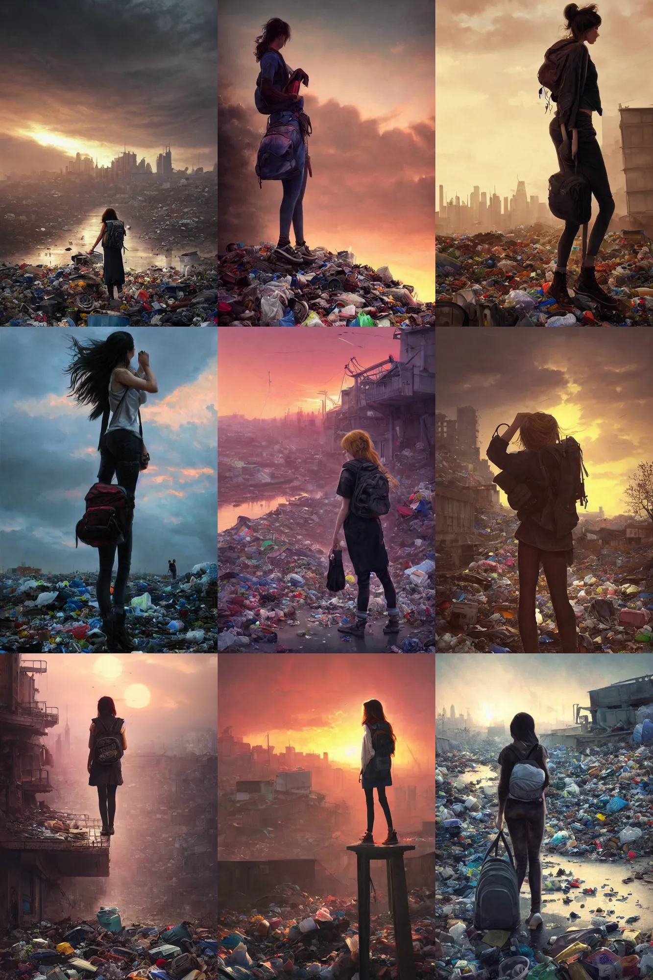 Image similar to detailed lonely girl with backpack standing at cars looking for food at garbage dump, destroyed cars, city is pure wasteland, moody sunset in background, save the planet, high details, sharp, photorealism, cinematic, greg rutkowski, alphonse mucha, trending on artstation, artgerm, unreal engine, breathtaking, award winning, highly detailed